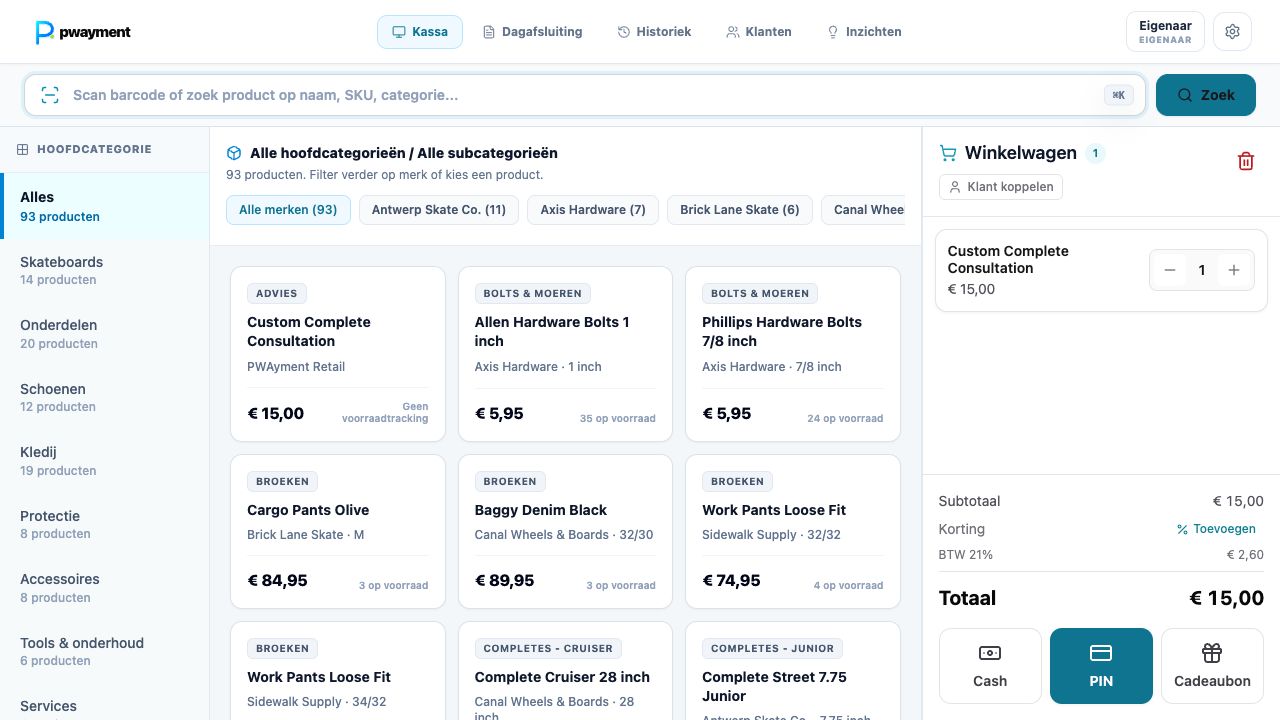 PWAYMENT kassasysteem met productcatalogus en winkelmand